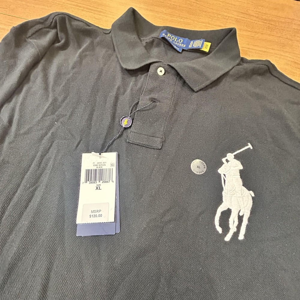 Polo Ralph Lauren Polo Shirt Mens XL Black Custom Slim Fit Big Pony 3 Logo NWT